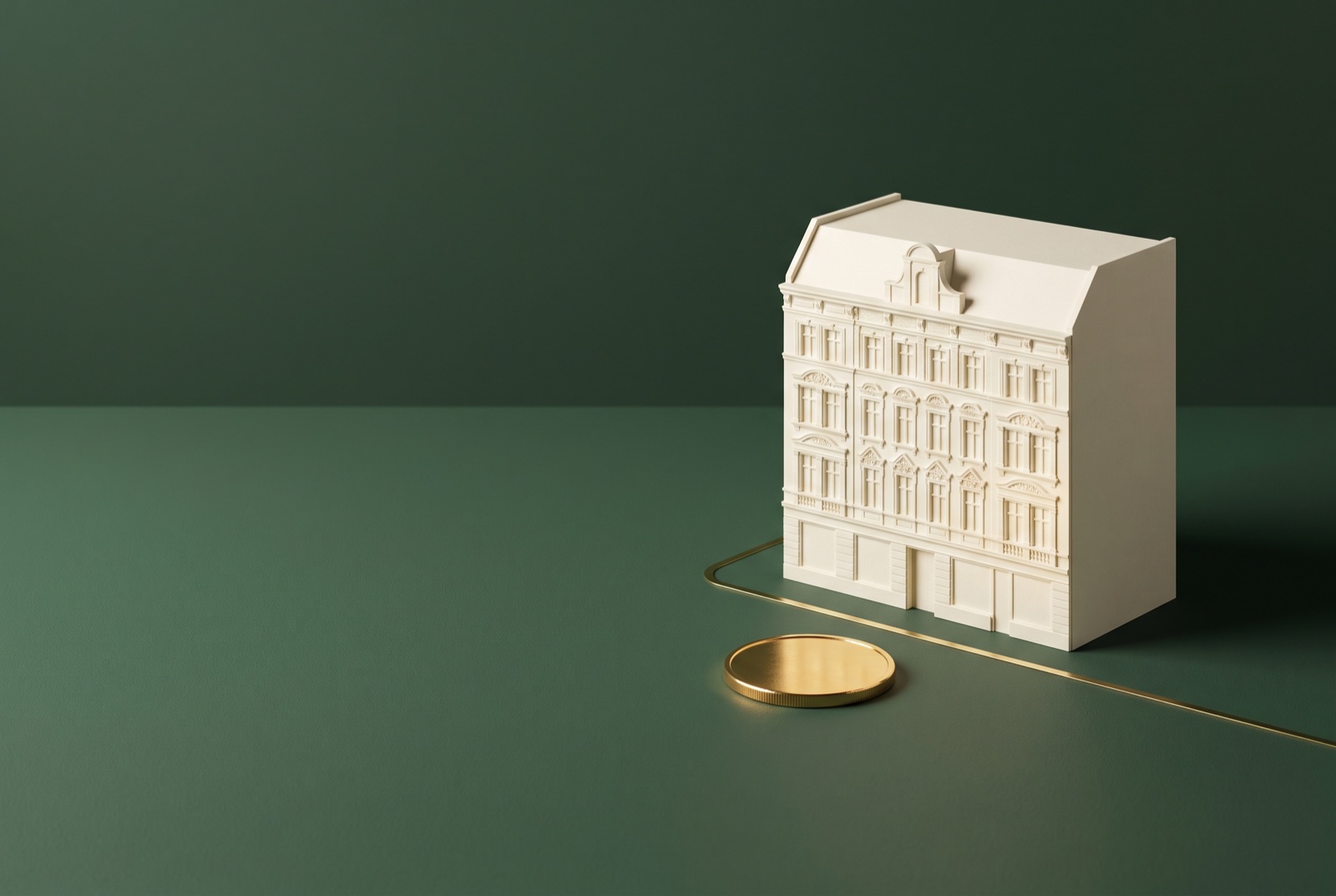Ein Architekturmodell eines Gründerzeithauses auf grünem Grund, davor eine Goldmünze