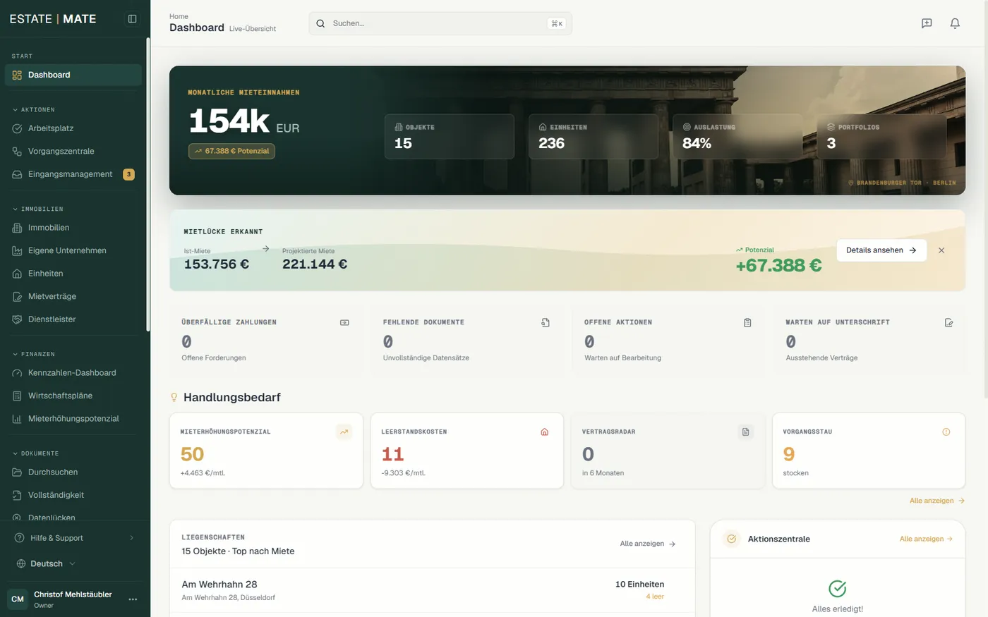 EstateMate Dashboard: Überblick auf Eigentümerebene an einem Ort
